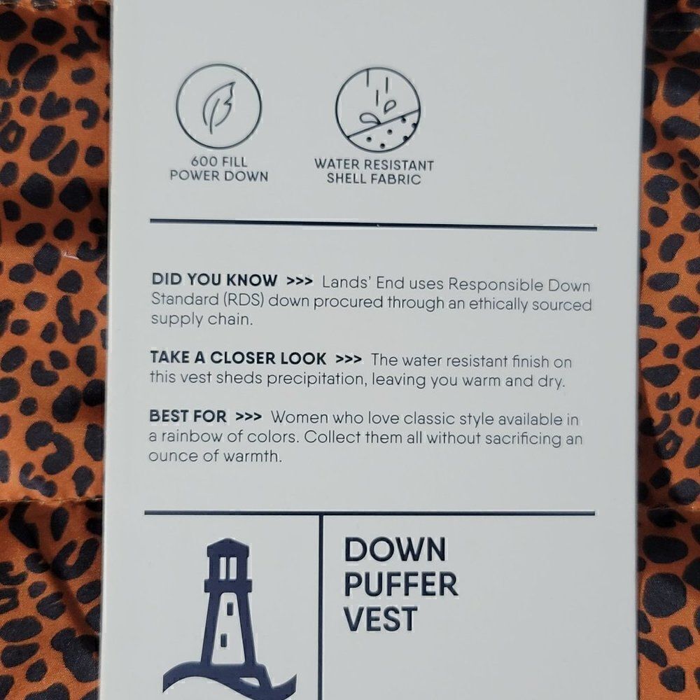 Lands End Puffer Vest Womens 3X (24-26W) 600 Down Leopard Water Resistant NEW - Picture 11 of 15